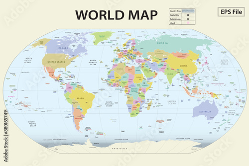 World map. Political maps of North and South America, Europe and Asia, Africa and Australia continents. Colorful world map countries and country names. Geography politics map.