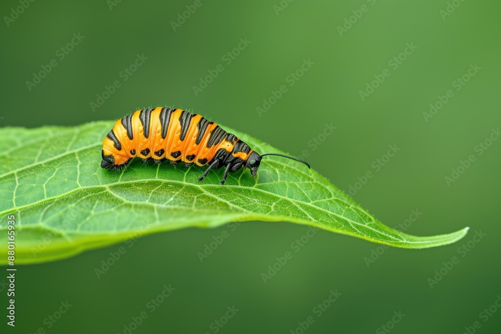 Vibrant caterpillar with orange and black stripes perched on a leaf, contrasting against a soft green background. Vibrant caterpillar with orange and black stripes perched on a leaf, contrasting against a soft green background.