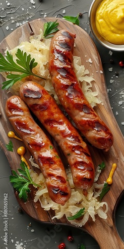 30 German sausages with sauerkraut and mustard bird's-eye view photo