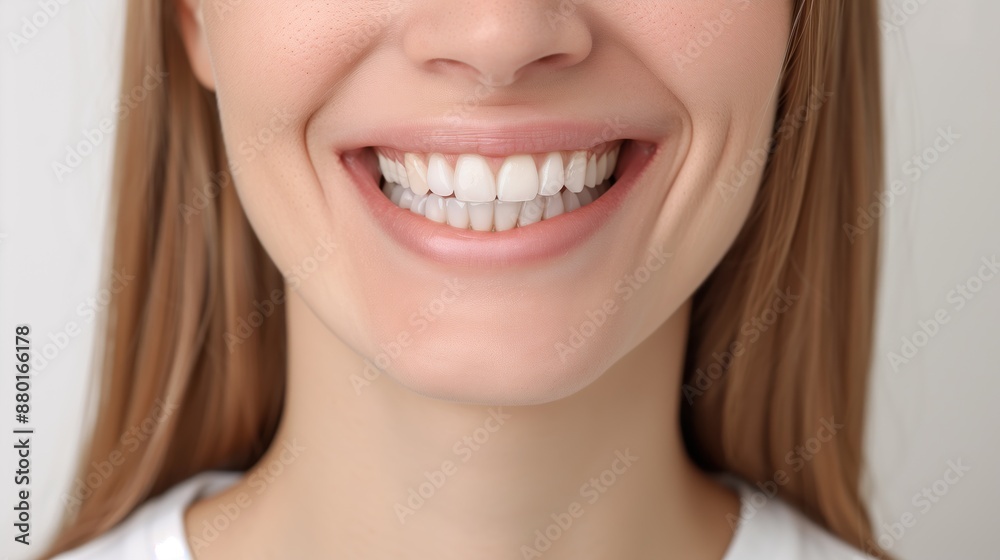 Obraz premium Bright Smiling Face, close-up of a persons smile displaying white teeth, cheerful and positive expression with light skin and straight blonde hair, captured in mid-laughter