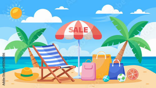 Summer sale beach holiday vacation. Beach chair, beach bag hat and flip-flop vector art illustration © Ishraq