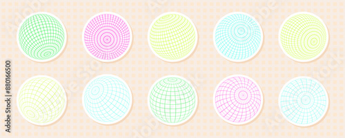 Collection of 3D spheres featuring grid and wireframe patterns. Abstract y2k sticker style with geometric, mesh globe elements in vibrant pastels and neon colors.