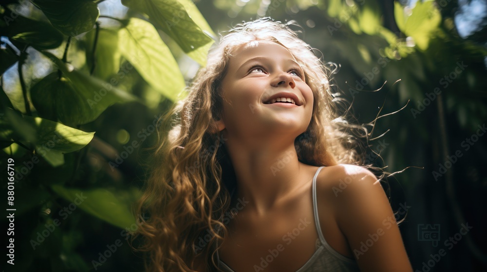 Smiling girl in backyard looking up enjoying sunny day Smiling girl in backyard looking up enjoying sunny day