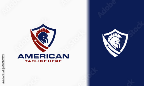 American Gladiator helmet with the flag and shield logo design, spartan mascot e-sport vector illustration.