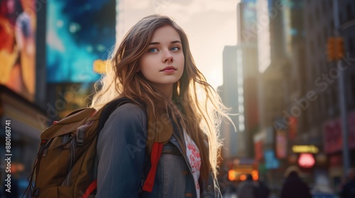 Teen girl with backpack standing on city 