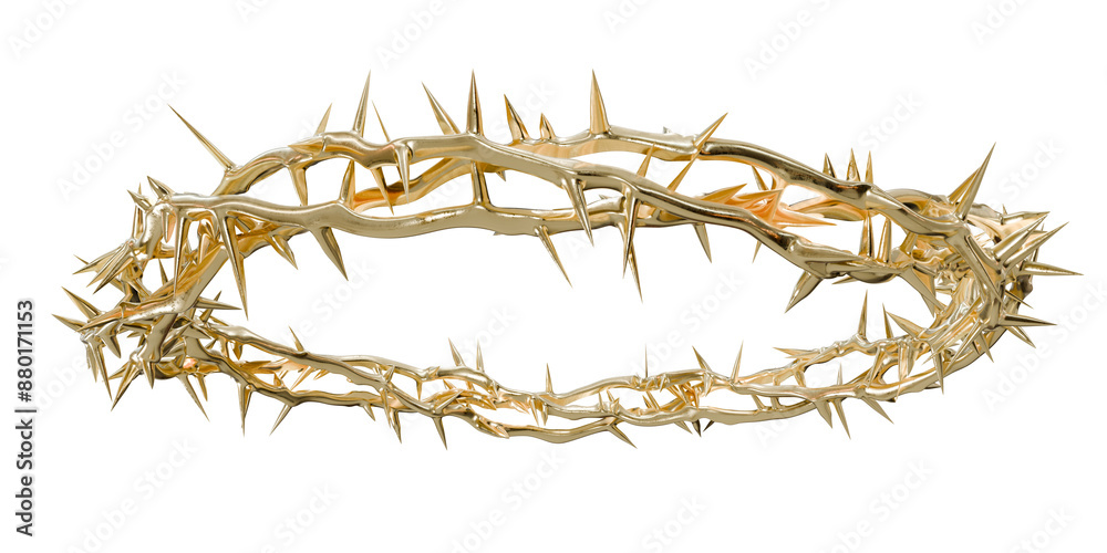 Golden Suffering: 3D Art Element. 3D rendering of a golden crown of thorns. The intricate details evoke the pain and sacrifice of the Passion of Christ (transparent background). Golden Suffering: 3D Art Element. 3D rendering of a golden crown of thorns. The intricate details evoke the pain and sacrifice of the Passion of Christ (transparent background).