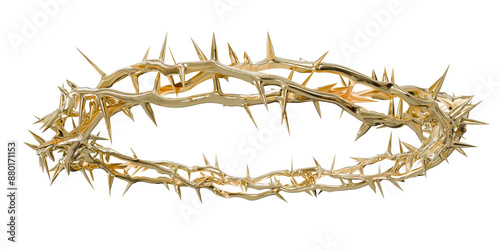 Golden Suffering: 3D Art Element. 3D rendering of a golden crown of thorns. The intricate details evoke the pain and sacrifice of the Passion of Christ (transparent background).