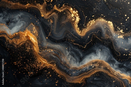 Golden Fluid Marble Abstract: Black Ink Texture with Brush Strokes and Paint Splashes on White Wall - Luxury Art Design for Wallpaper and Nature Backgrounds