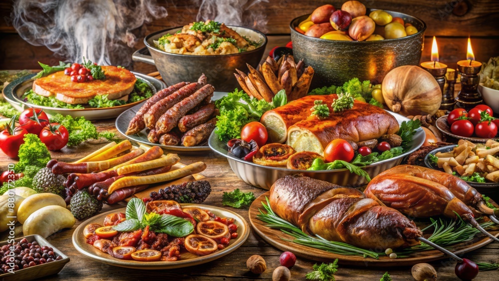 Fototapeta premium Sumptuous feast laid out on ornate tablecloth, featuring roasted meats, steaming vegetables, succulent seafood, and delectable pastries.