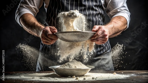 Close-up of masculine hands sifting white flour through a mesh sieve on a dark black background, gentle pouring motion. photo