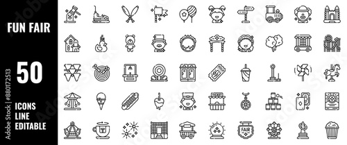 50 Fun Fair Icons Set Line Editable Vector Illustration