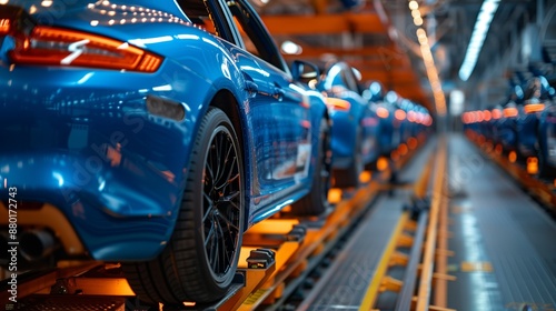 Car production line with blue cars on the frame and orange parts in an industrial factory
