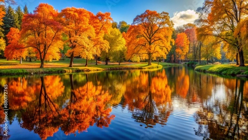 Vibrant orange and yellow leaves scatter the serene park landscape, surrounded by towering trees and a tranquil lake reflection.