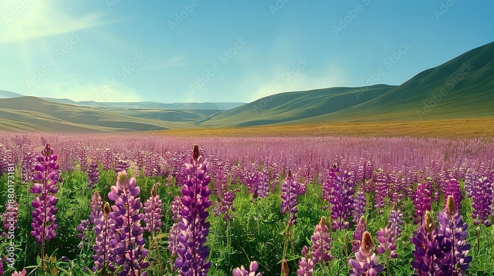 Obraz premium A lush field of purple flowers stands before majestic mountains, with a person positioned centrally amidst the blossoms