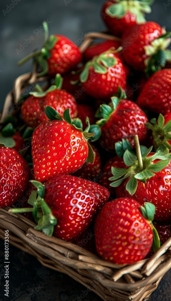 A highresolution photo of juicy strawberries in a basket