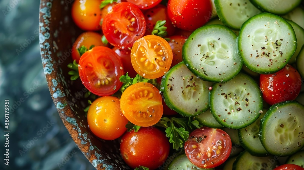 A crisp photo of sliced cucumbers and cherry tomatoes in a salad bowl A crisp photo of sliced cucumbers and cherry tomatoes in a salad bowl