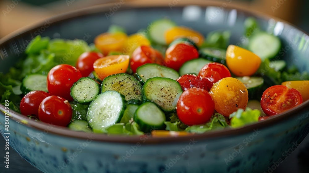 A crisp photo of sliced cucumbers and cherry tomatoes in a salad bowl