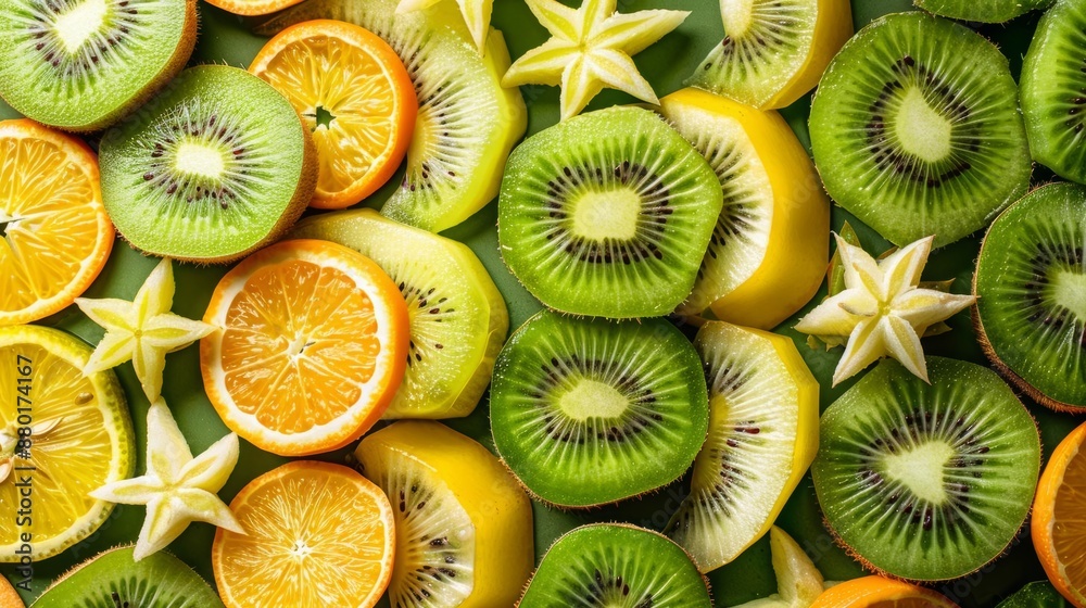 A vibrant photo of fresh kiwi and star fruit slices A vibrant photo of fresh kiwi and star fruit slices