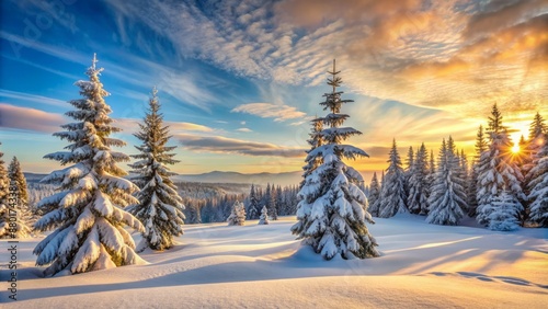 Serene winter landscape featuring frosty spruce trees covered in fresh snow, set against a stark white snow-covered foreground and sky. photo