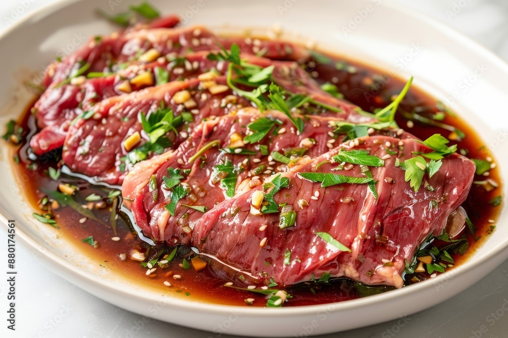 Beef Marinating In Soy Sauce, Sesame Seeds And Parsley Beef Marinating In Soy Sauce, Sesame Seeds And Parsley