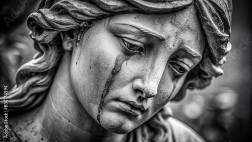 Wallpaper Mural Gloomy black and white photograph of a despairing woman sculpture with downturned face, tears streaming down, conveying profound sorrow. Torontodigital.ca