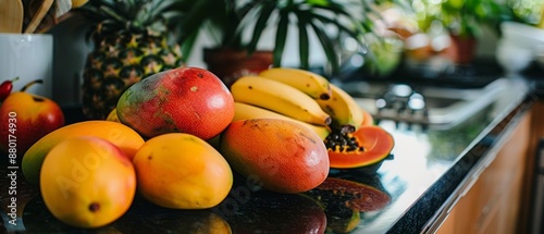 A detailed photo of ripe mangoes and papayas on a kitchen counter photo