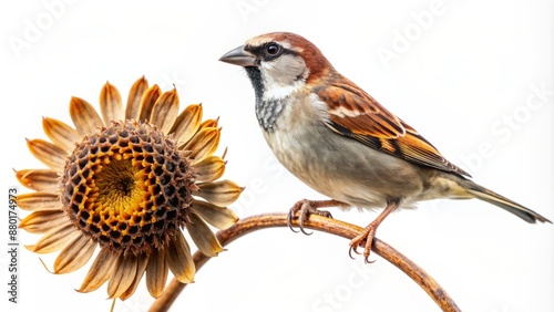 A solitary house sparrow songbird perches on a dry sunflower stem, isolated against a pure white background, perfect for design elements. photo