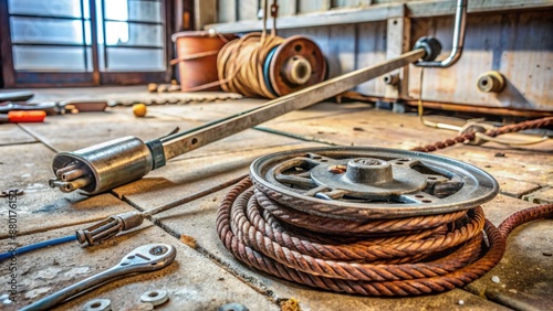 Old worn pulley cable being removed from garage door opening system, rusty metal components and tools scattered on floor. photo