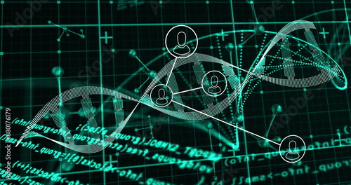 Image of dna strand over data processing