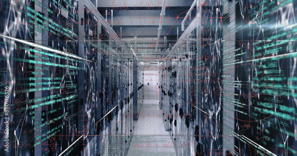 Image of data processing, mathematical equations and network of connections over server room Image of data processing, mathematical equations and network of connections over server room