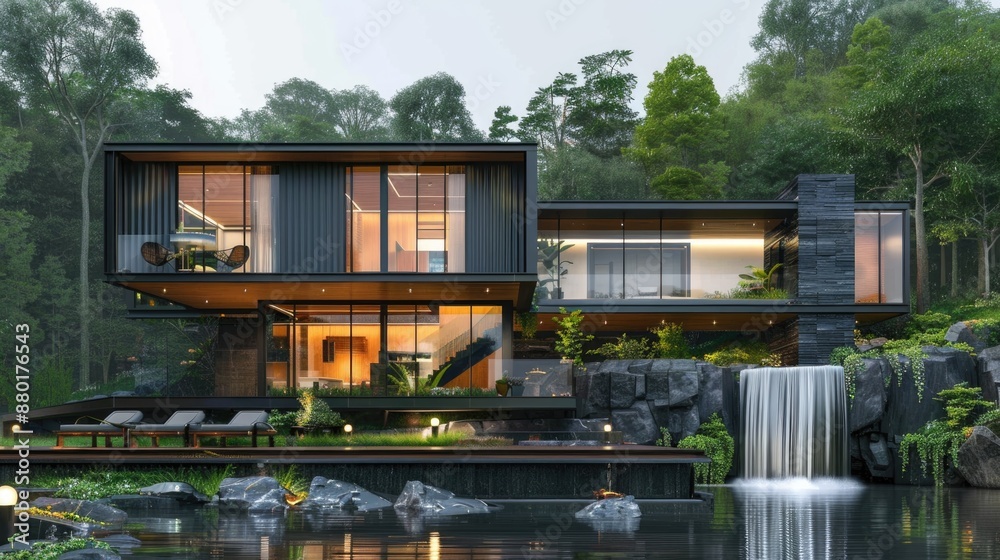 Obraz premium modern luxury big container house exterior in nature landscape, minimalism industrial style decor design, idea for sustainability for environmental preservation real estate concept, waterfall cliff
