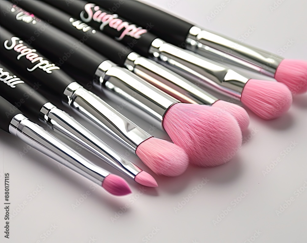 A close-up of a pink makeup brush set, including large and small brushes. A close-up of a pink makeup brush set, including large and small brushes.