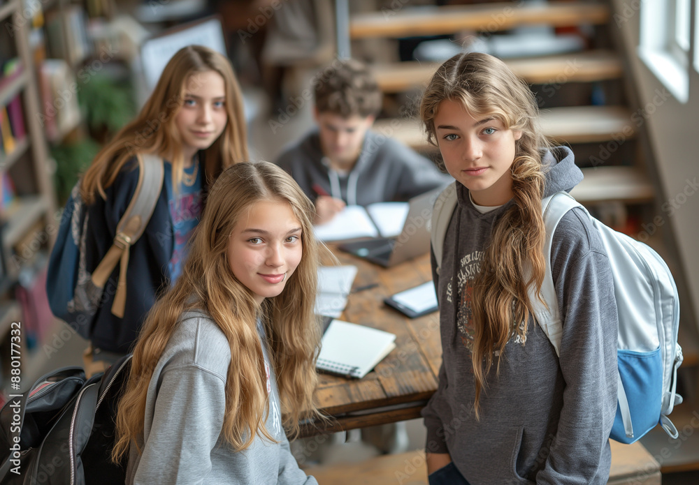 High school students sit at a table in a corner of the room with laptops and books. The atmosphere is fun and creative group work. High school students sit at a table in a corner of the room with laptops and books. The atmosphere is fun and creative group work.