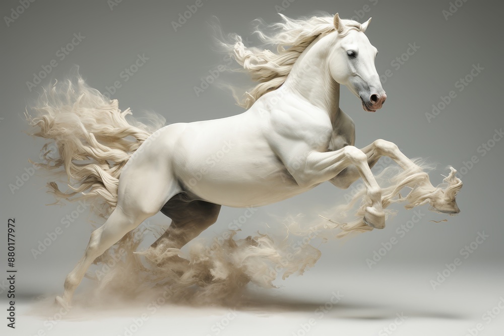 Obraz premium white stallion running in dust in monochrome tones