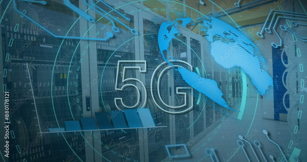 Image of scope scanning with 5g text and data processing over server room Image of scope scanning with 5g text and data processing over server room