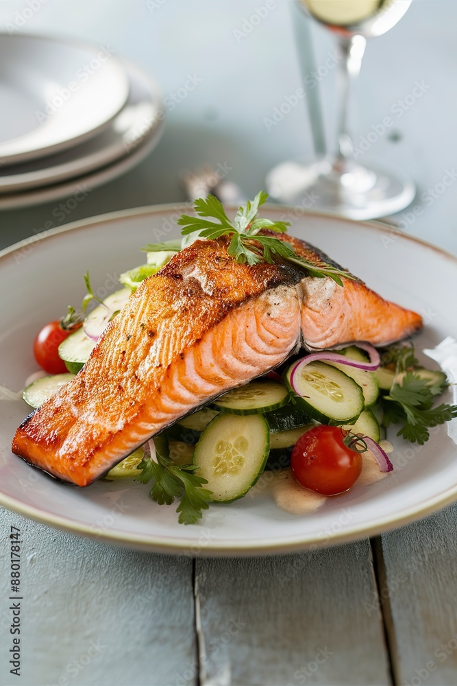 Grilled salmon with cucumber salad on a plate Grilled salmon with cucumber salad on a plate