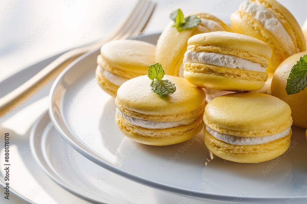 lemon macaroons with mint on the white table lemon macaroons with mint on the white table