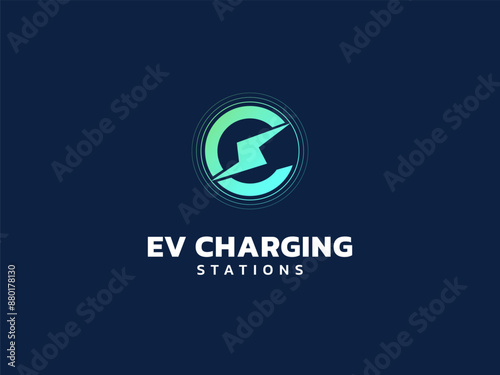 Electric vehicle charging letter e with Lightning Bolt Symbol logo vector design concept. Letter E logotype symbol for Electric Car, EV station, ui, web, ev business, infographic, clean energy, tech.