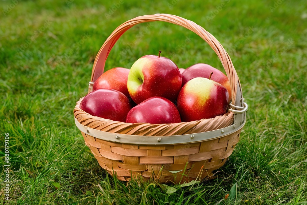 Basket with red apples on the grass Basket with red apples on the grass