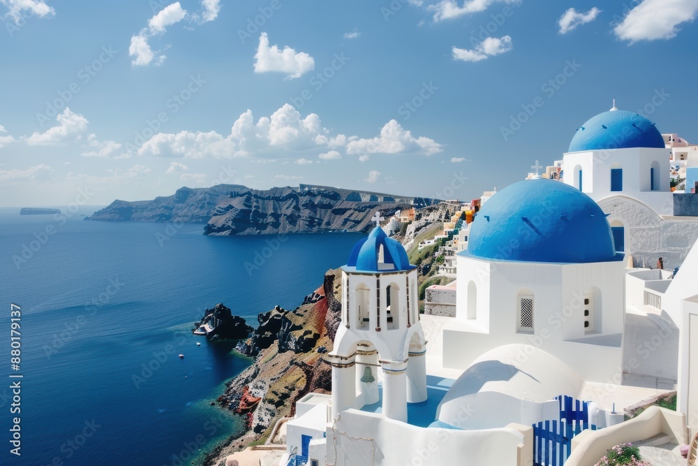 Fototapeta premium A peaceful village with white-washed buildings, blue domes, and a stunning sea view