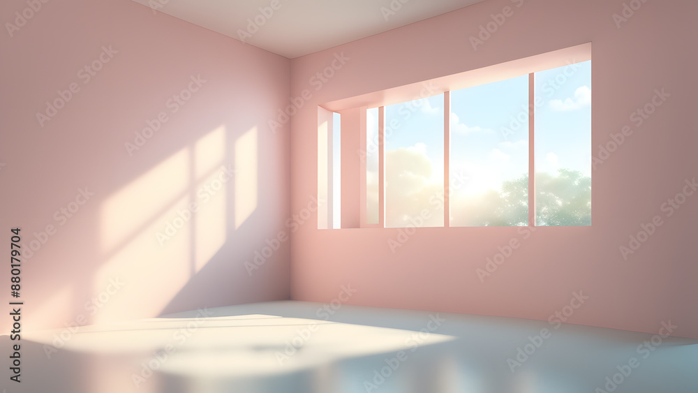 Fototapeta premium A room with a pink wall and a window with trees outside