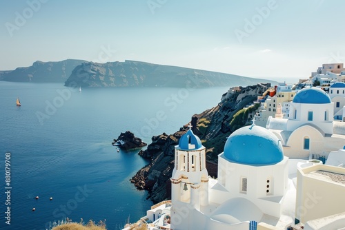 A peaceful village with white-washed buildings, blue domes, and a stunning sea view