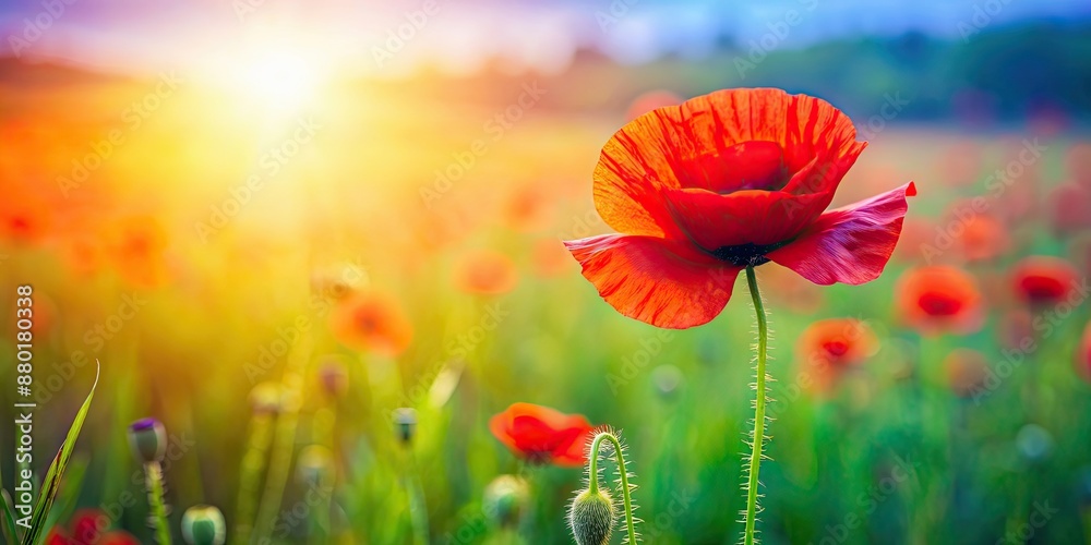 Obraz premium Vibrant red Poppy flower blooming in a field , Papaver rhoeas, Corn Poppy, wildflower, red, vibrant, nature, bloom, field