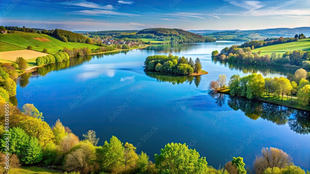 Scenic view of Marbach Stausee, a tranquil reservoir nestled in the picturesque German countryside, Marbach, Stausee, reservoir Scenic view of Marbach Stausee, a tranquil reservoir nestled in the picturesque German countryside, Marbach, Stausee, reservoir