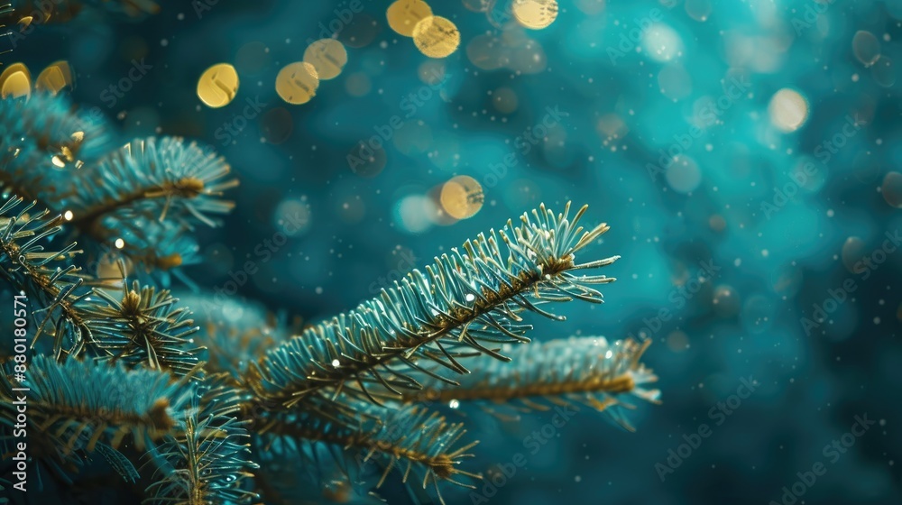 Branches of a natural Christmas tree with blue background and tinsel decorations empty space Branches of a natural Christmas tree with blue background and tinsel decorations empty space