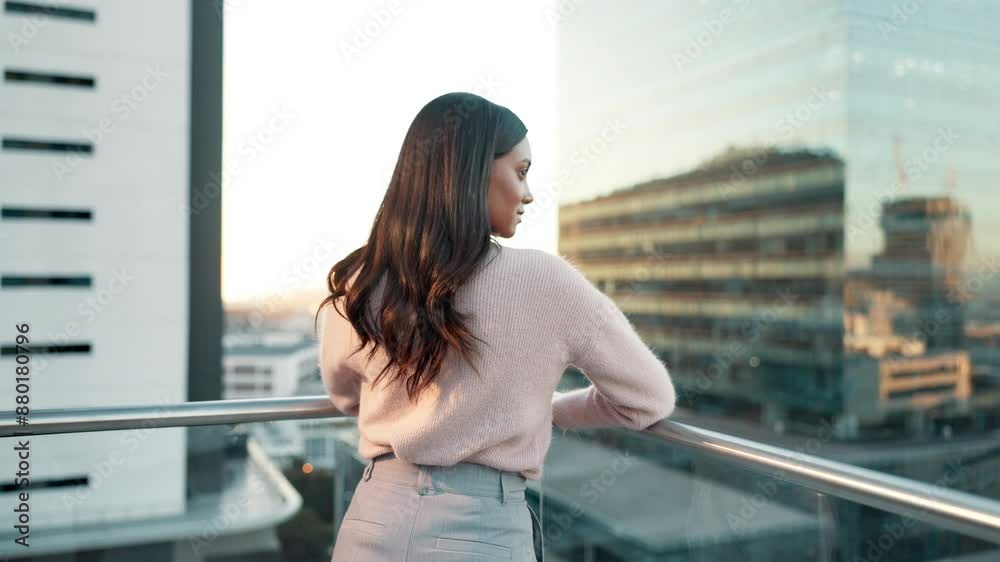 Sunset, thinking and back of woman on rooftop for summer, freedom and peace or calm in city. Buildings, sunshine and female person with idea or memory and relax in New York for urban view or skyline Sunset, thinking and back of woman on rooftop for summer, freedom and peace or calm in city. Buildings, sunshine and female person with idea or memory and relax in New York for urban view or skyline