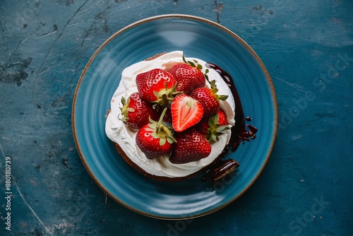 Strawberries with whipped cream and cholocate on a blue plate photo