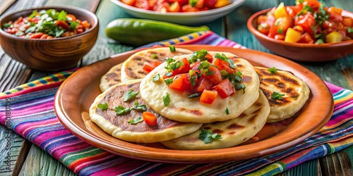 Traditional Salvadoran pupusas on a colorful plate with curtido and tomato salsa , Salvadoran, pupusas, colorful photo