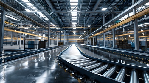 Automation Advantage, Modern smart factory interior with unoccupied conveyor belt system, highlighting efficient production capabilities photo