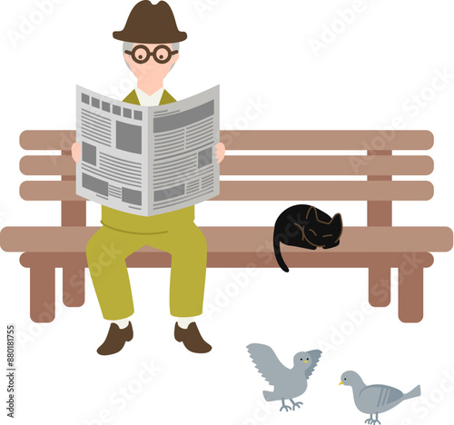 ベンチに腰掛け新聞を読む老紳士と、くつろぐ黒猫とハトのイラスト
